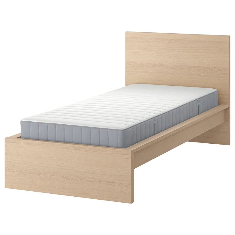 IKEA MALM МАЛЬМ, каркас ліжка з матрацом, Шпон дуба тонований білим / тверда деревина валевог, 90x200 см 195.368.36 фото №1