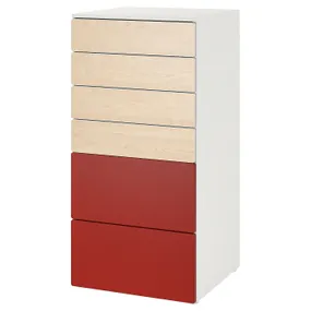 IKEA SMÅSTAD СМОСТАД / PLATSA ПЛАТСА, комод с 6 ящиками, белая береза/красный, 60x57x123 см 595.493.04 фото