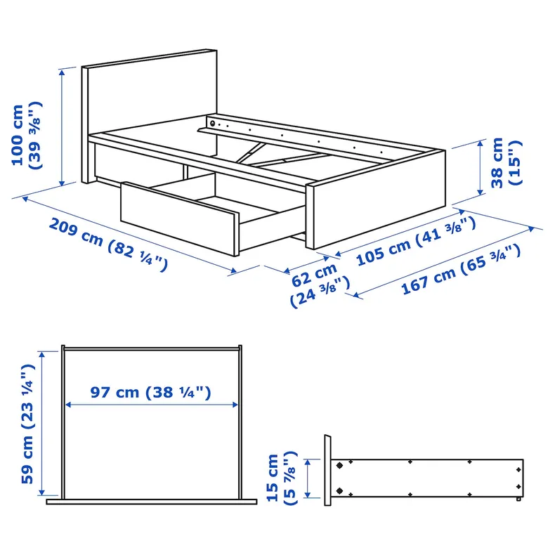 IKEA MALM МАЛЬМ, каркас кровати+2 кроватных ящика, дубовый шпон, беленый / Леирсунд, 90x200 см 891.573.18 фото №9