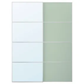 IKEA MEHAMN/AULI МЕХАМН/АУЛІ, розсувні дверцята, 2 шт., алюмінієве 2шт/салатово-зелене дзеркало, 150x201 см 295.521.90 фото