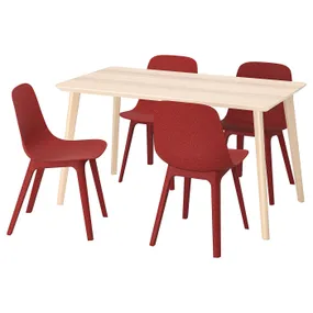 IKEA LISABO ЛИСАБО / ODGER ОДГЕР, стол и 4 стула, шпон ясеня / красный, 140 см 994.407.45 фото