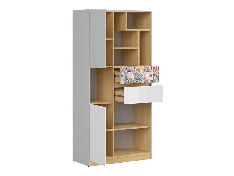 BRW Nandu, книжный шкаф, светло-серый/полированный дуб/белый глянец/наклейка REG2D2S-JSZ/DP/BIP/SCR фото №4