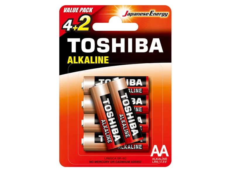 BRW лужні батарейки 6 шт, червоні лужні 1.5V AA/LR06 Toshiba 079747 фото №1