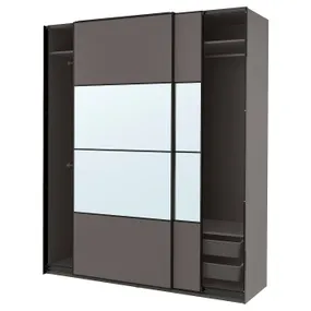IKEA PAX ПАКС / MEHAMN / AULI МЕХАМН / АУЛИ, гардероб с раздвижными дверьми, темно-серый 2стр / темно-серое зеркало, 200x66x236 см 195.613.69 фото