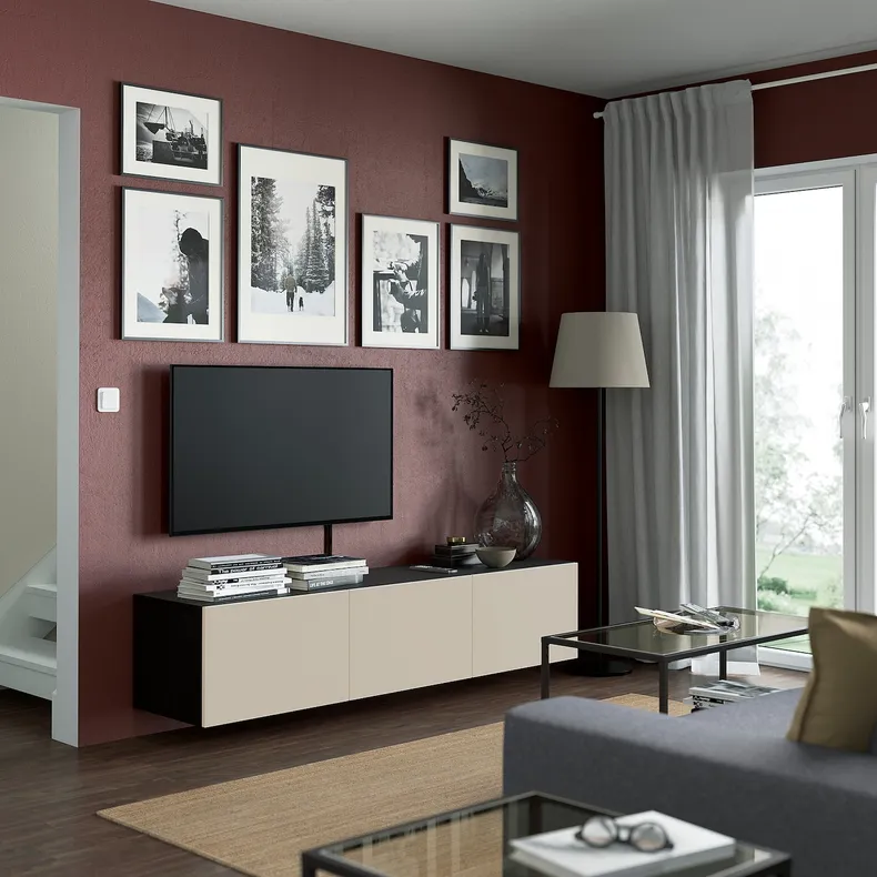 IKEA BESTÅ БЕСТО, тумба для телевізора з дверцятами, чорний / коричневий / Lappviken світло-сірий / бежевий, 180x42x38 см 394.221.79 фото №3