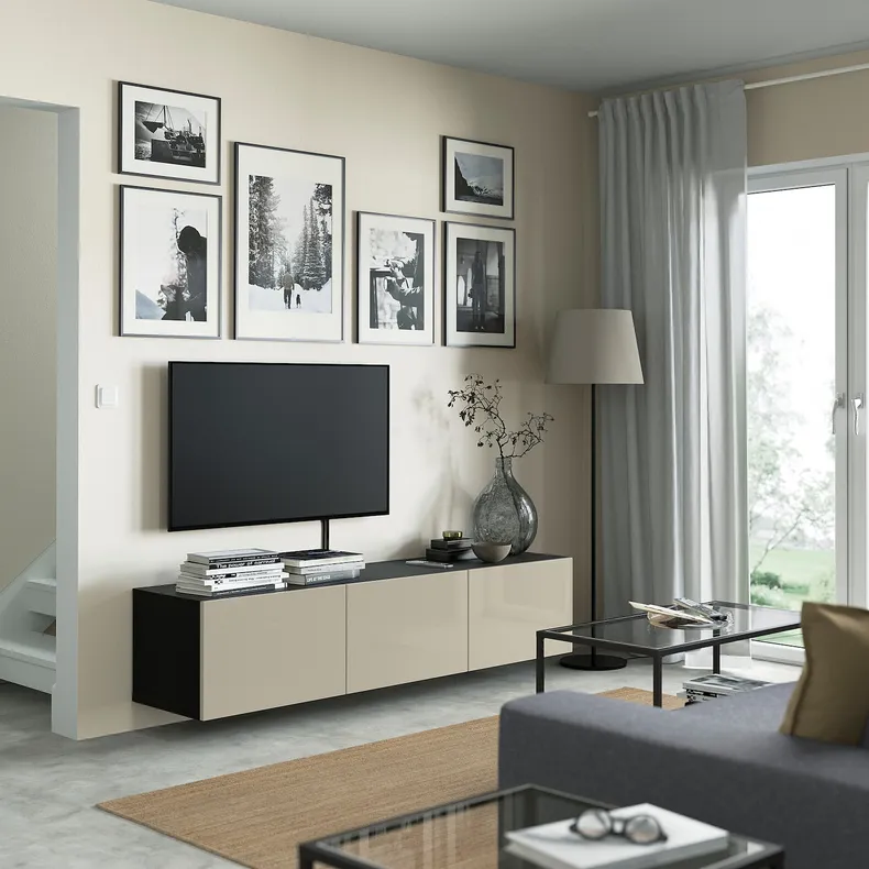 IKEA BESTÅ БЕСТО, тумба для телевізора з дверцятами, чорно-коричневий / СЕЛСВІКЕН глянцевий / бежевий, 180x42x38 см 093.306.71 фото №3