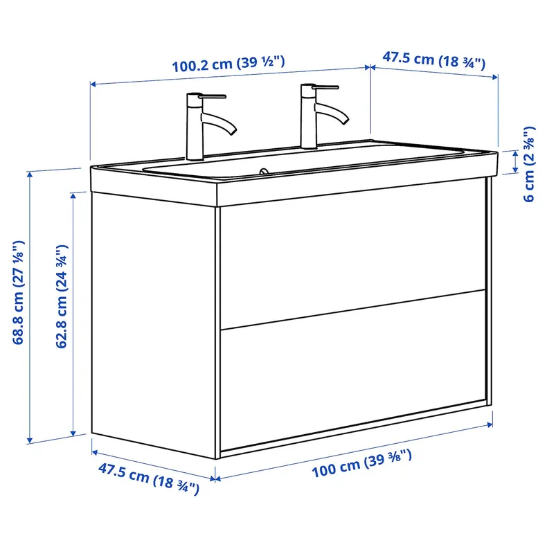 IKEA ÄNGSJÖN ЭНГШЁН / BACKSJÖN БАККШЁН, шкаф с ящиками / раковина / смесители, белый глянец, 100x48x69 см 095.213.12 фото №6