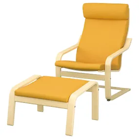 IKEA POÄNG ПОЭНГ, кресло с табуретом для ног, окл береза / скифтебо желтый 194.877.94 фото