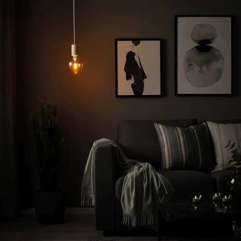 IKEA SUNNEBY СУННЕБЮ / MOLNART МОЛЬНАРТ, підвісний світильник із лампою, біле / дзвіночкоподібне коричневе прозоре скло 094.912.25 фото №3