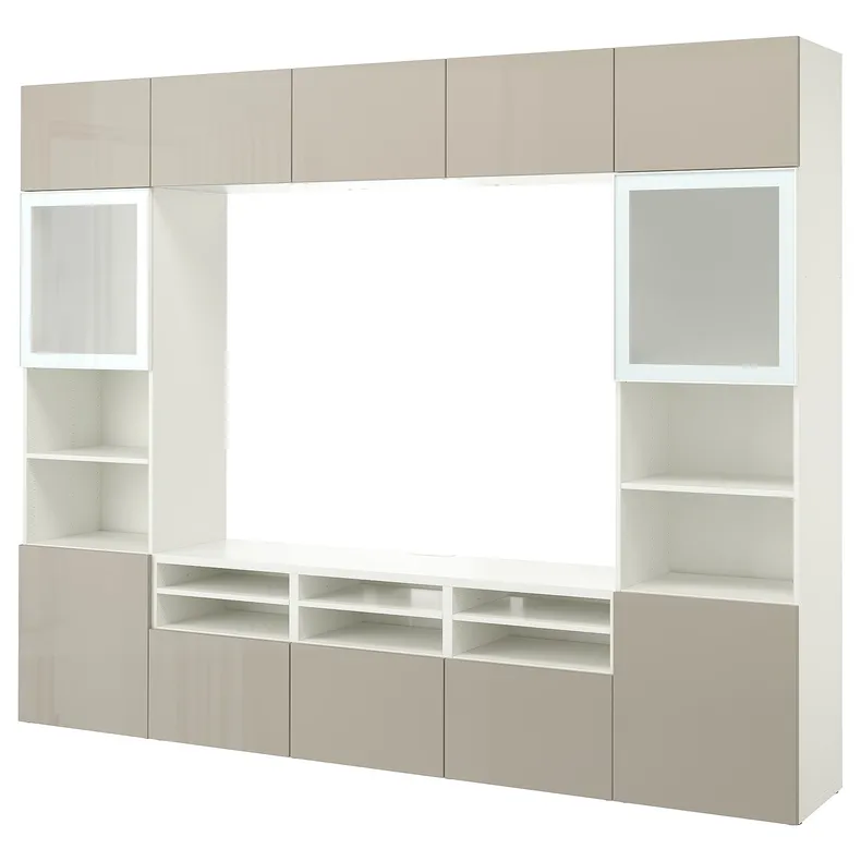 IKEA BESTÅ БЕСТО, комбінація шаф для тв / скляні дверц, біле скло / Selsviken high gloss / бежеве матове скло, 300x42x231 см 794.888.04 фото №1