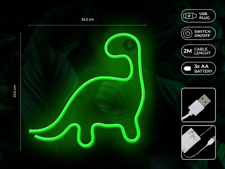 BRW Дитячий неоновий настінний світильник Dinosaur LED зелений 093789 фото №3