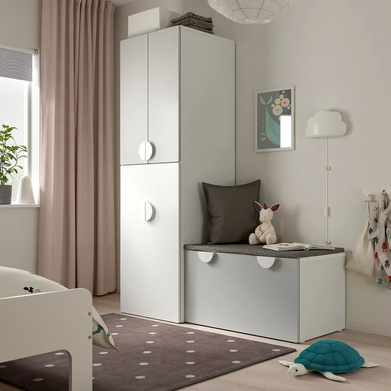 IKEA SMÅSTAD СМОСТАД, гардероб с выдвижным модулем, белый серый со скамейкой с отделением для хранения, 150x57x196 см 694.838.16 фото №2