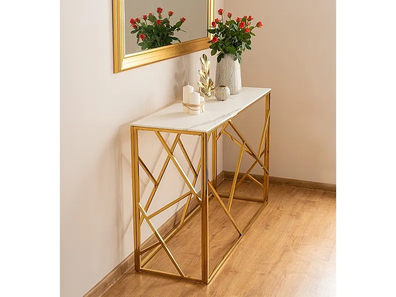 Журнальный столик стеклянный SIGNAL ESCADA B II, 55x55 см, белый мрамор / золото фото №9
