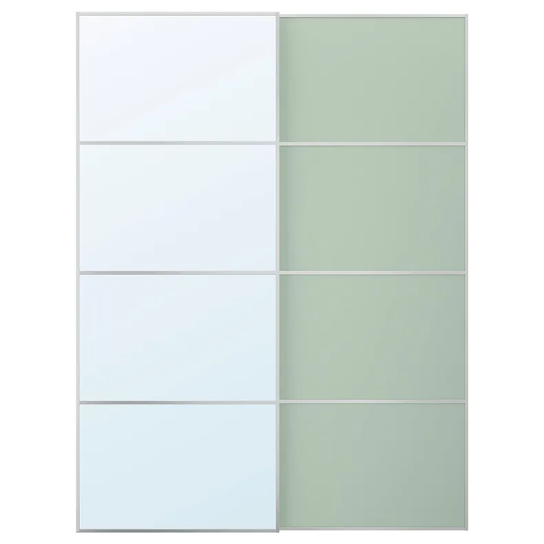 IKEA MEHAMN / AULI МЕХАМН / АУЛИ, пара раздвижных дверей, алюминий 2стр / светло-зеленое зеркало, 150x201 см 295.521.90 фото №1