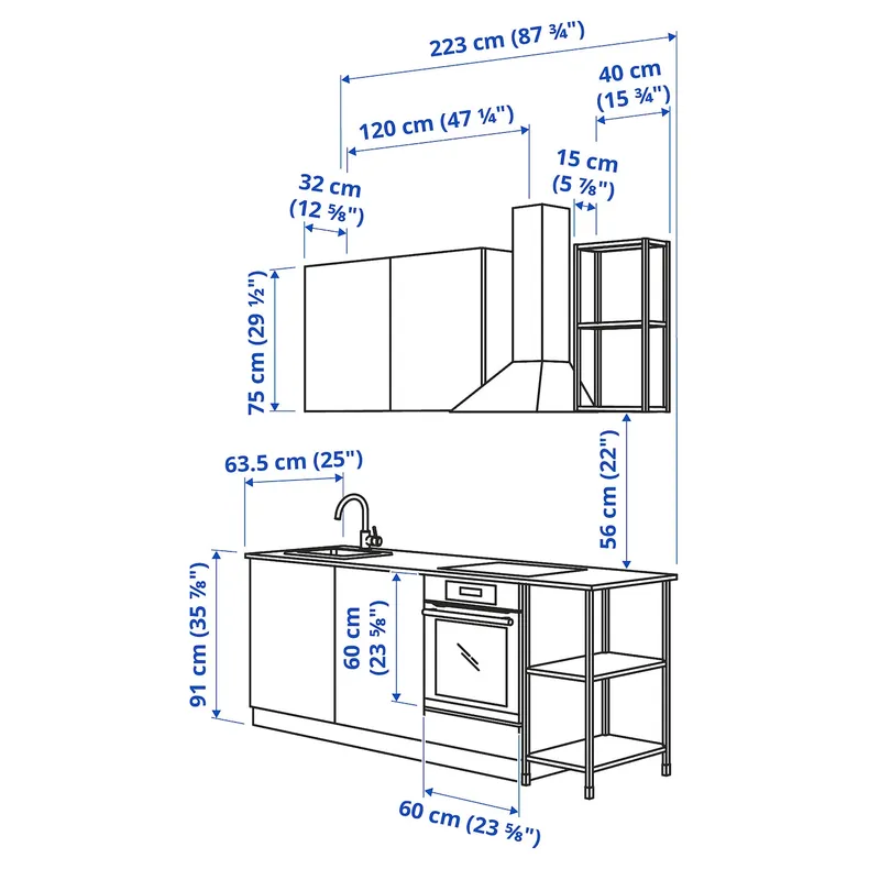 IKEA ENHET ЭНХЕТ, кухня, белый / имит. дуб, 223x63.5x222 см 093.377.43 фото №3