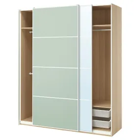 IKEA PAX ПАКС / MEHAMN / AULI МЕХАМН / АУЛИ, гардероб с раздвижными дверьми, Дуб беленый 2стр / светло-зеленое зеркало, 200x66x236 см 095.517.28 фото