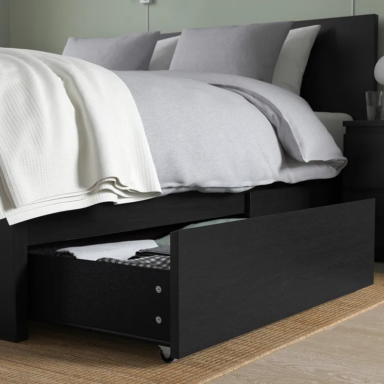 IKEA MALM МАЛЬМ, каркас кровати+2 кроватных ящика, черный / коричневый / Lindbåden, 140x200 см 994.949.55 фото №7