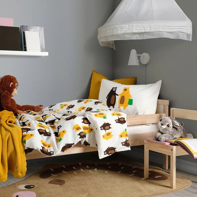 IKEA BRUMMIG БРЮММИГ, пододеяльник и наволочка, медведи с узором желтый / коричневый, 150x200 / 50x60 см 605.211.44 фото №4