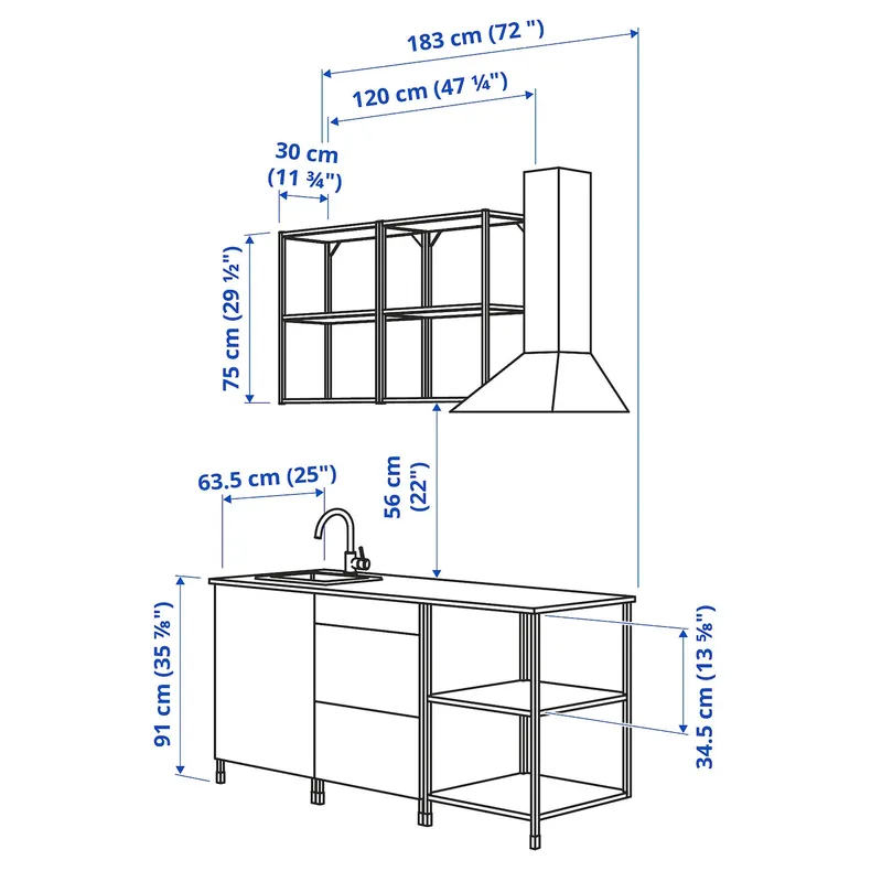 IKEA ENHET ЭНХЕТ, кухня, антрацит, белый, 183x63.5x222 см фото №3