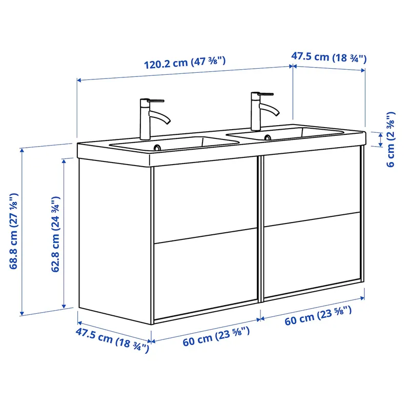 IKEA ÄNGSJÖN ЕНГШЕН / BACKSJÖN БАККШЕН, умивальник / раковина / змішувачі, білий глянець, 122x49x69 см 995.285.35 фото №6