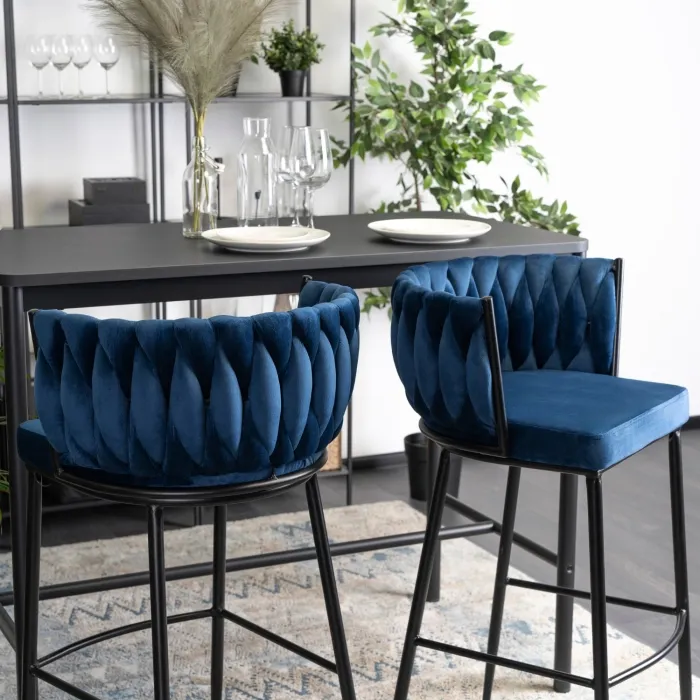 Барный стул бархатный MEBEL ELITE FLORES Velvet, темно-синий/черный фото №4