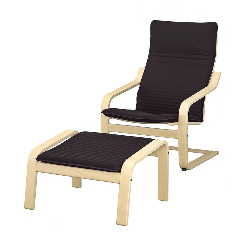 IKEA POÄNG ПОЭНГ, кресло с табуретом для ног, Окль береза / Книса черный 194.842.05 фото №1