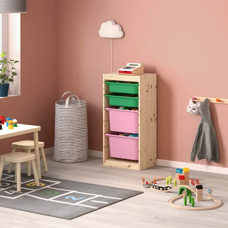 IKEA TROFAST ТРУФАСТ, комбинация д / хранения+контейнеры, Светлая сосна, окрашенная в бело-зеленый / розовый цвет, 44x30x91 см 593.380.90 фото №2