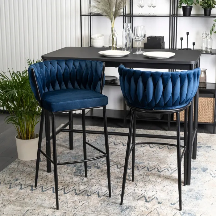 Барный стул бархатный MEBEL ELITE FLORES Velvet, темно-синий/черный фото №2