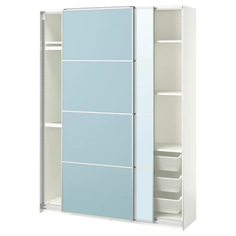 IKEA PAX ПАКС / MEHAMN / AULI МЕХАМН / АУЛИ, гардероб с раздвижными дверьми, белый 2стр / светло-голубое зеркало, 150x44x201 см 395.517.03 фото №1