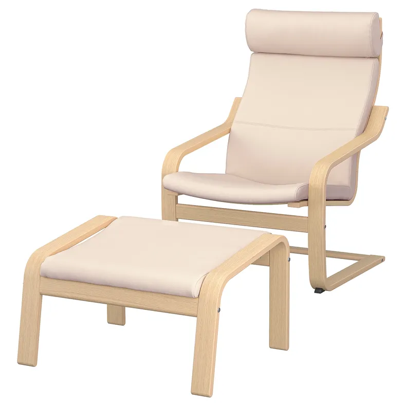IKEA POÄNG ПОЕНГ, крісло та підставка для ніг, шпон дуба білий морений / Білий ламаний / Білий ламаний 694.843.59 фото №1