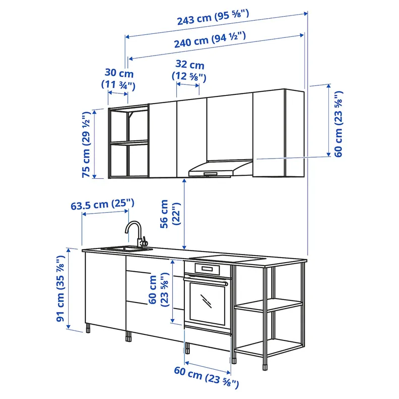 IKEA ENHET ЭНХЕТ, кухня, белый / имит. дуб, 243x63.5x222 см 393.380.91 фото №3