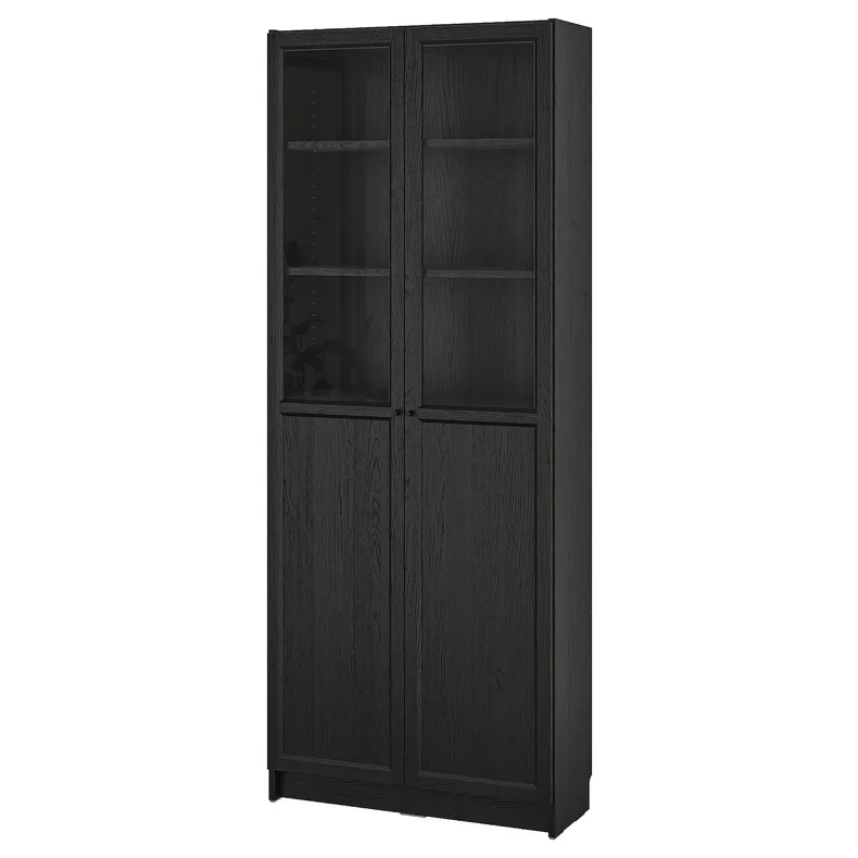 IKEA BILLY БІЛЛІ / OXBERG ОКСБЕРГ, стелаж панель / скляні дверцята, чорний під дуб, 80x30x202 см 894.833.25 фото №1