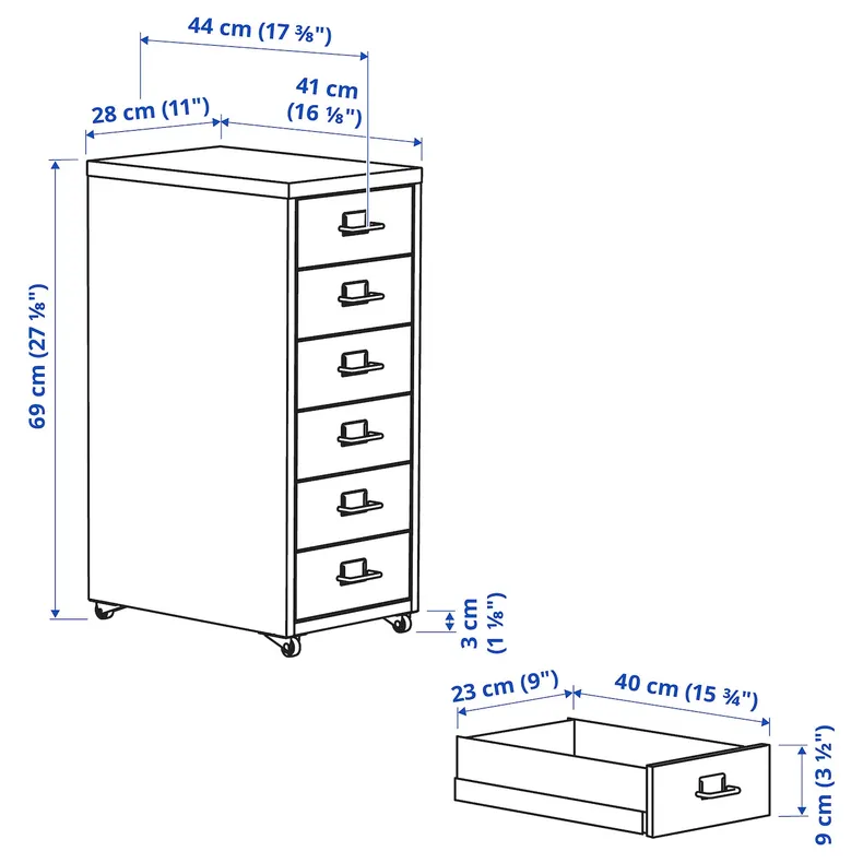 IKEA HELMER ХЕЛЬМЕР, тумба з шухлядами на коліщатах, синій, 28x69 см фото №8