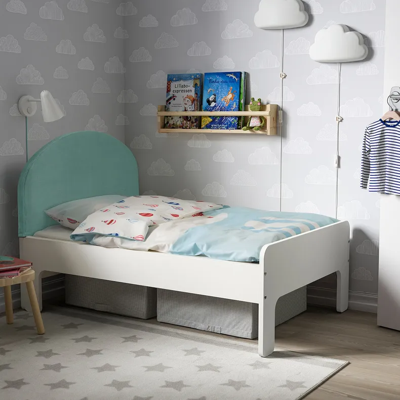 IKEA SLÄKT СЛЭКТ, раздвижная кровать с реечным дном, белый / серый-бирюзовый, 80x200 см 194.876.33 фото №2