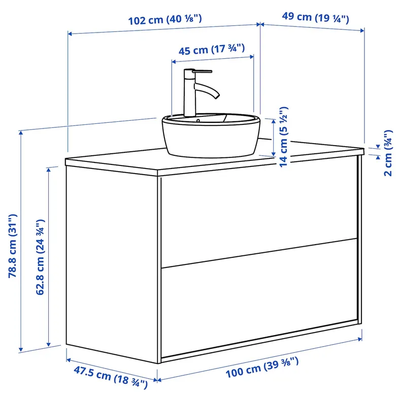 IKEA HAVBÄCK ХАВБЭКК / TÖRNVIKEN ТОРНВИКЕН, шкаф с ящиками / раковина / смеситель, темно-серый / черный имитация мрамора, 102x49x79 см 595.215.74 фото №6