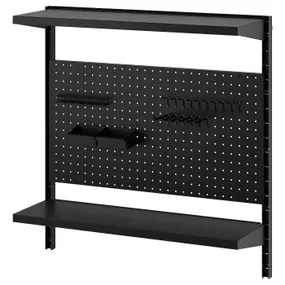 IKEA BROR БРОР, комбінація навісних полиць, з перфорованою панеллю/2 полиці/чорний, 88x30x90 см 195.718.58 фото