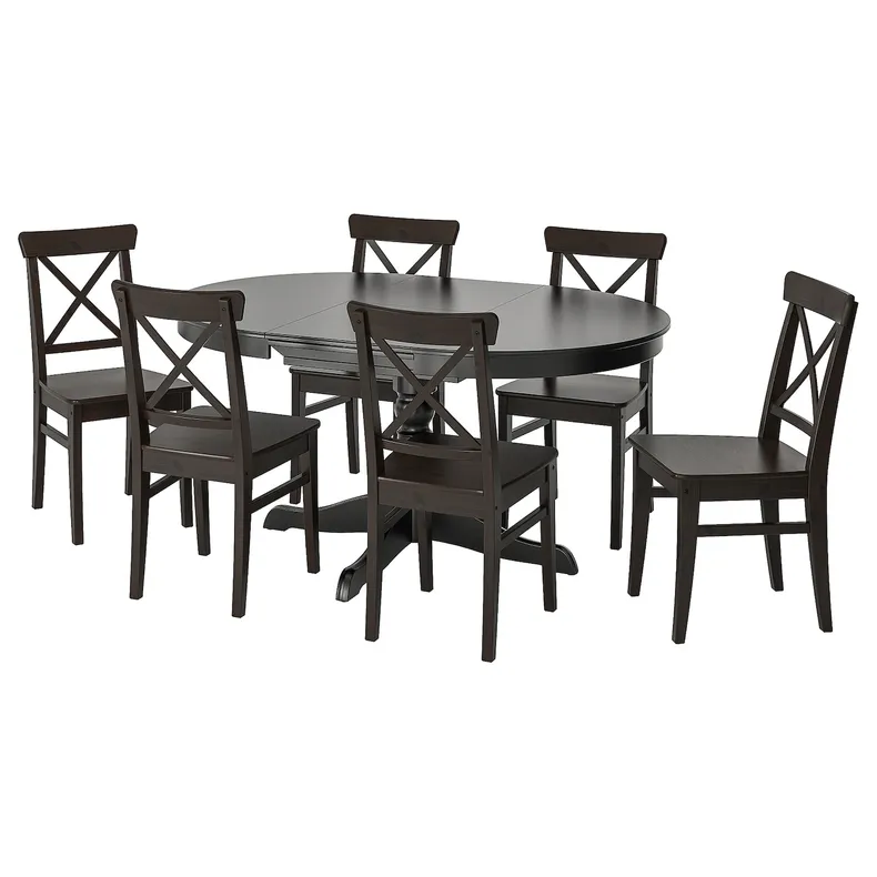 IKEA INGATORP ИНГАТОРП / INGOLF ИНГОЛЬФ, стол и 6 стульев, черный / коричнево-чёрный, 110 / 155 см 494.833.08 фото №1