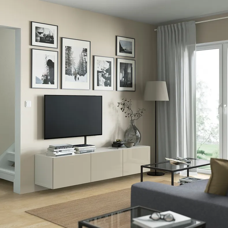 IKEA BESTÅ БЕСТО, тумба для телевізора з дверцятами, білий / СЕЛСВІКЕН глянцевий / бежевий, 180x42x38 см 593.307.01 фото №3