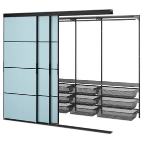 IKEA SKYTTA СКЮТТА / BOAXEL БОАКСЕЛЬ, гардероб із розсувними дверцятами, чорний метал / світло-блакитний Mehamn, 251x115x205 см 495.645.02 фото