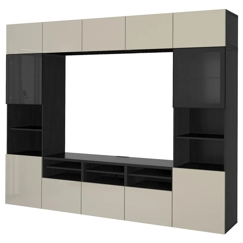 IKEA BESTÅ БЕСТО, шкаф для ТВ, комбин / стеклян дверцы, черный / коричневый / сельсвикенский глянец / бежевое прозрачное стекло, 300x42x231 см 394.110.29 фото №1