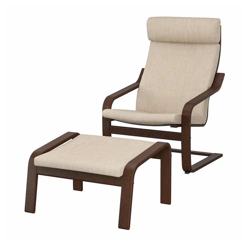 IKEA POÄNG ПОЕНГ, крісло та підставка для ніг, коричневий / ХІЛЛАРЕД бежевий 494.842.61 фото №1