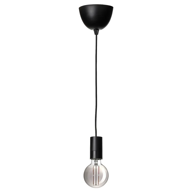 IKEA SUNNEBY СУННЕБЮ / MOLNART МОЛНАРТ, подвесной светильник с лампочкой, сфера / серое прозрачное стекло черное, 95 мм 894.782.63 фото №1