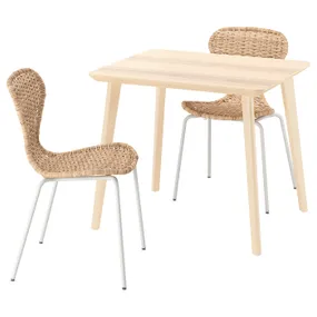 IKEA LISABO ЛИСАБО / ÄLVSTA ЭЛЬВСТА, стол и 2 стула, шпон ясеня/ротанг белый, 88x78 см 995.681.83 фото