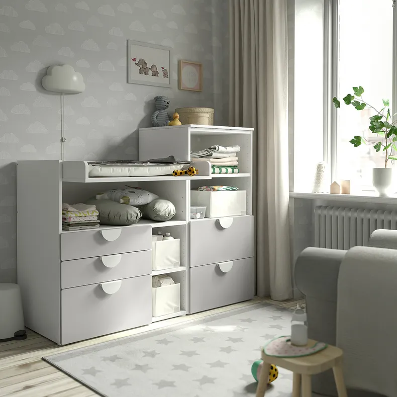 IKEA SMÅSTAD СМОСТАД / PLATSA ПЛАТСА, пеленальный стол, белый серый с книжным шкафом, 150x79x123 см 094.839.18 фото №2