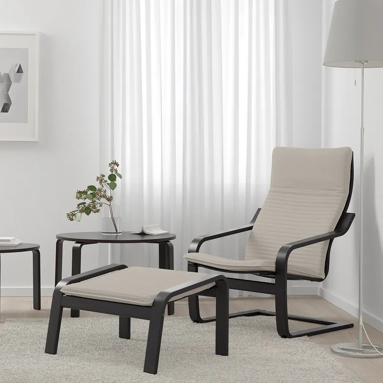 IKEA POÄNG ПОЕНГ, крісло та підставка для ніг, чорно-коричневий / КНІСА світло-бежевий 194.842.34 фото №2
