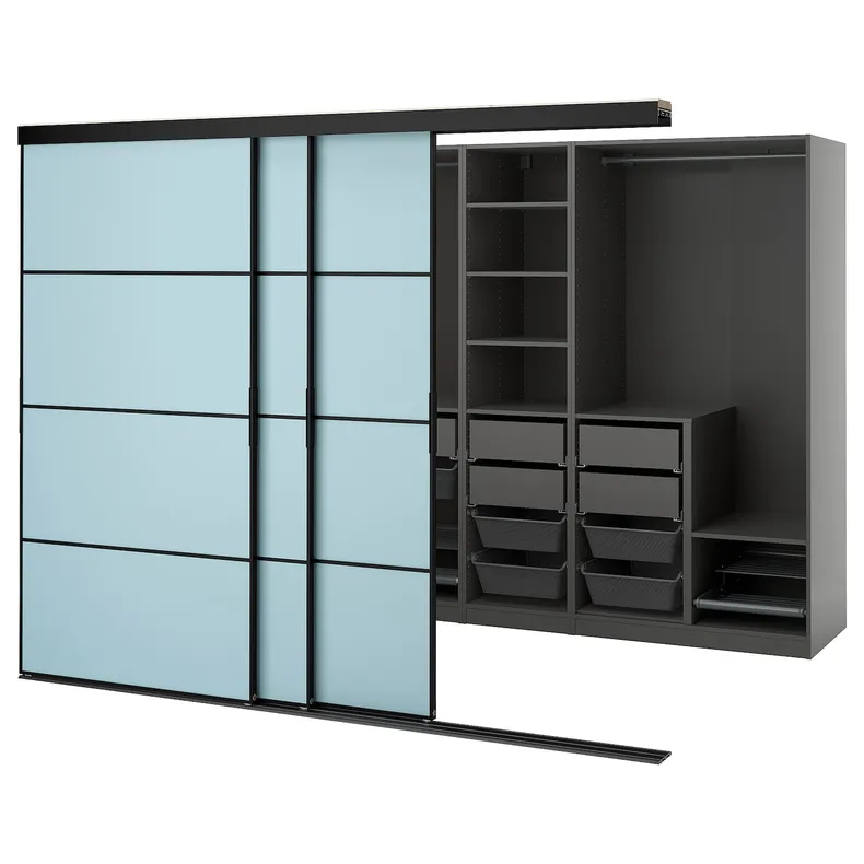 IKEA SKYTTA СКЮТТА / PAX ПАКС, гардероб із розсувними дверцятами, чорний темно-сірий / світло-блакитний Mehamn, 276x160x205 см 195.524.83 фото №1