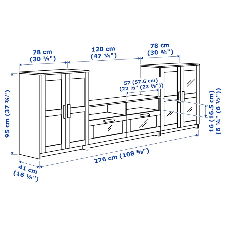 IKEA BRIMNES БРІМНЕС, комбінація шаф для тв / скляні дверц, білий, 276x41x95 см 992.782.25 фото №6