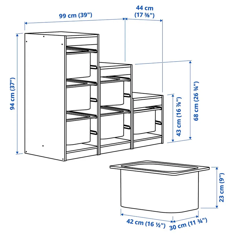 IKEA TROFAST ТРУФАСТ, комбинация д / хранения+контейнеры, белый / серый / синий, 99x44x94 см 094.808.68 фото №4