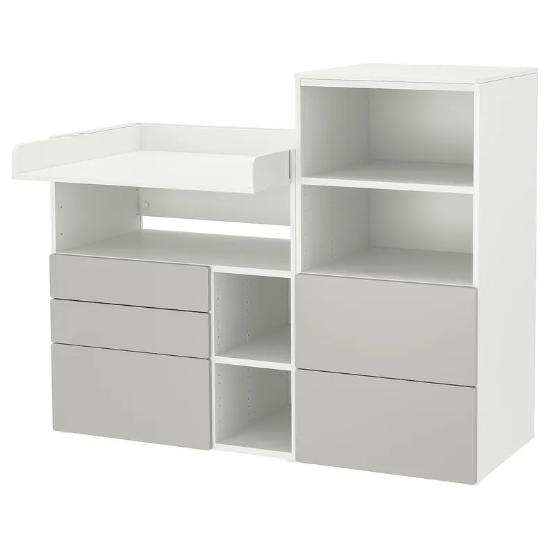 IKEA SMÅSTAD СМОСТАД / PLATSA ПЛАТСА, пеленальный стол, белый серый с книжным шкафом, 150x79x123 см 094.839.18 фото №1