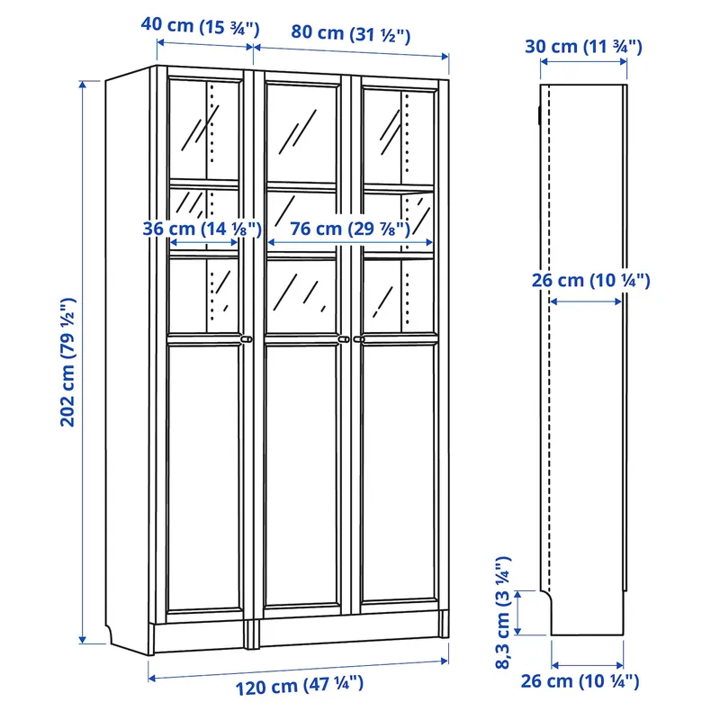 IKEA BILLY БІЛЛІ / OXBERG ОКСБЕРГ, стелаж панель / скляні дверцята, білий / скло, 120x30x202 см 792.817.90 фото №6